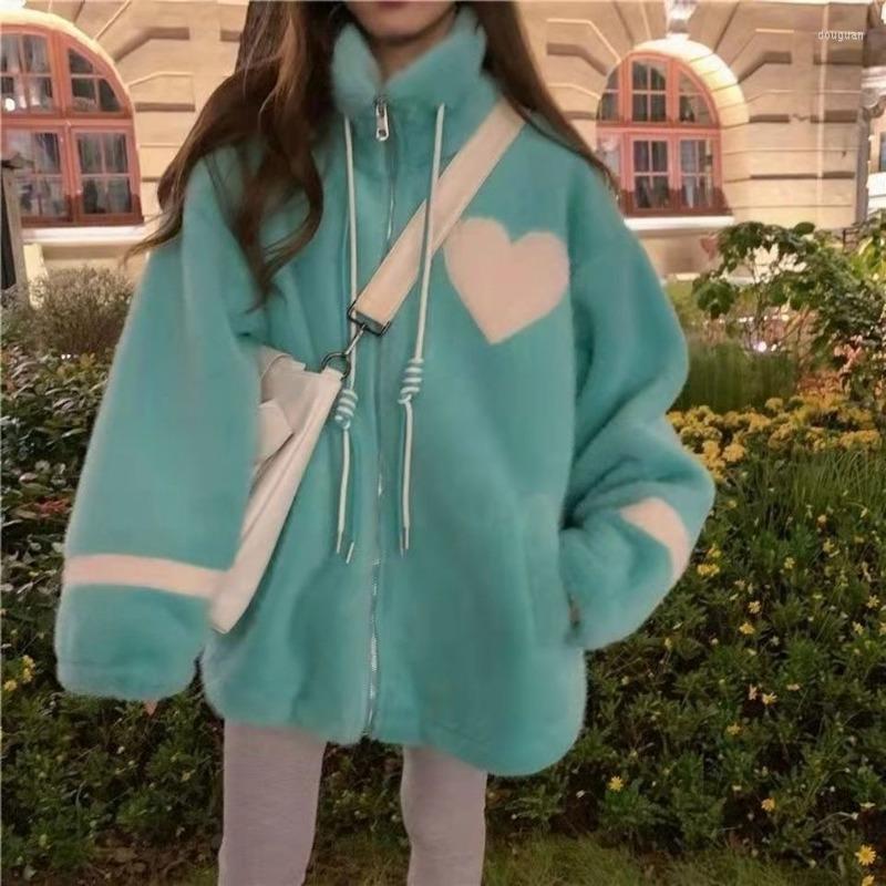 

Women' Hoodies MINGLIUSILI Heart Pattern Hoodie 2022 Winter Korean Fashion Casual All-match Zip Coat Beautiful Oversized, Green