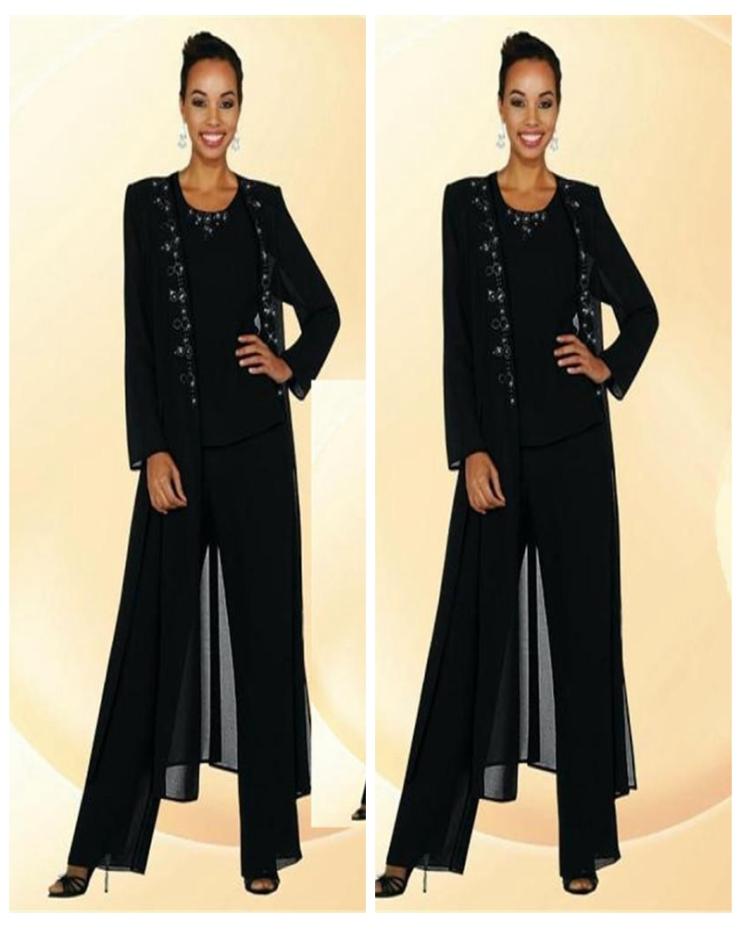 

2016 Black Chiffon Mother Of The Bride Pant Suits Beaded Collar Long Sleeve Coat Custom Formal Evening Dresses6110233