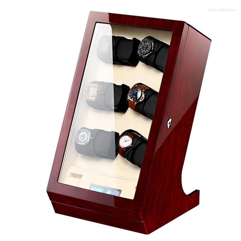 

Watch Boxes 6 Slots Winders Wooden Acrylic Window Black Carbon Fiber Quiet Motor Storage Display Watches Box PU Leather LED Light