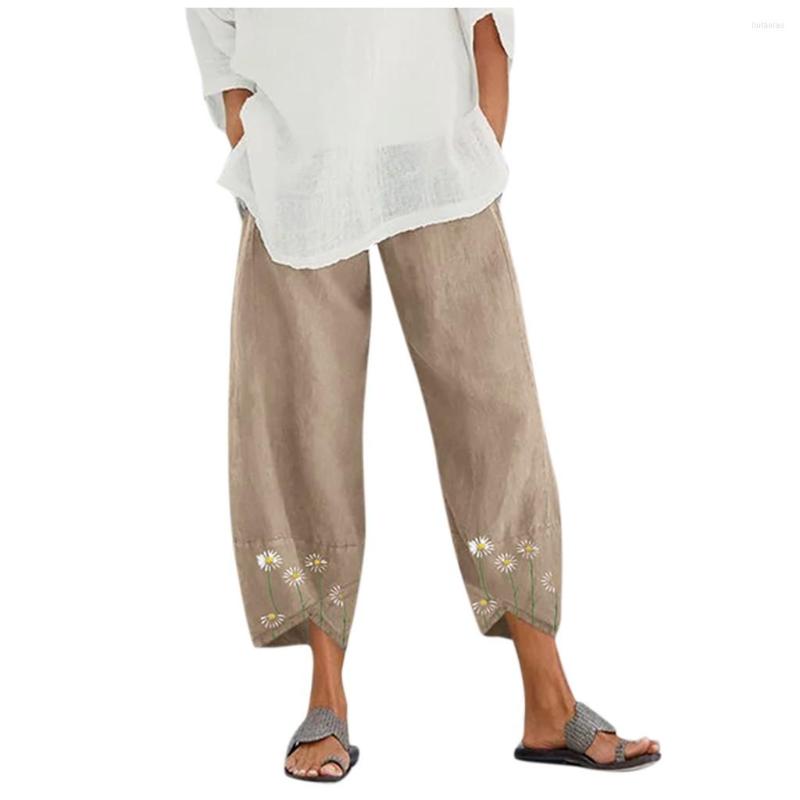 

Women' Pants Leg Waist Cotton Women Embroidery Print Linen Daisy Elastic Casual Wide, Khaki