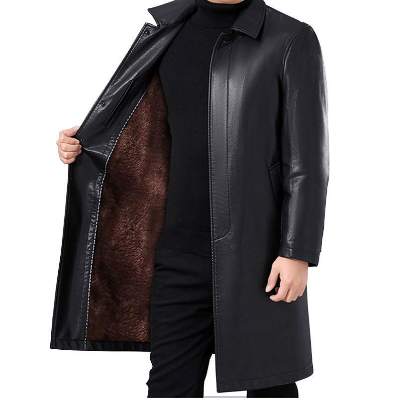 

Men's Fur Faux Fur Autumn Winter Men Leather Long Jacket Stand Collar Plus Velvet Thick Warm Leather Jacket Men Social Mens Jackets 221114