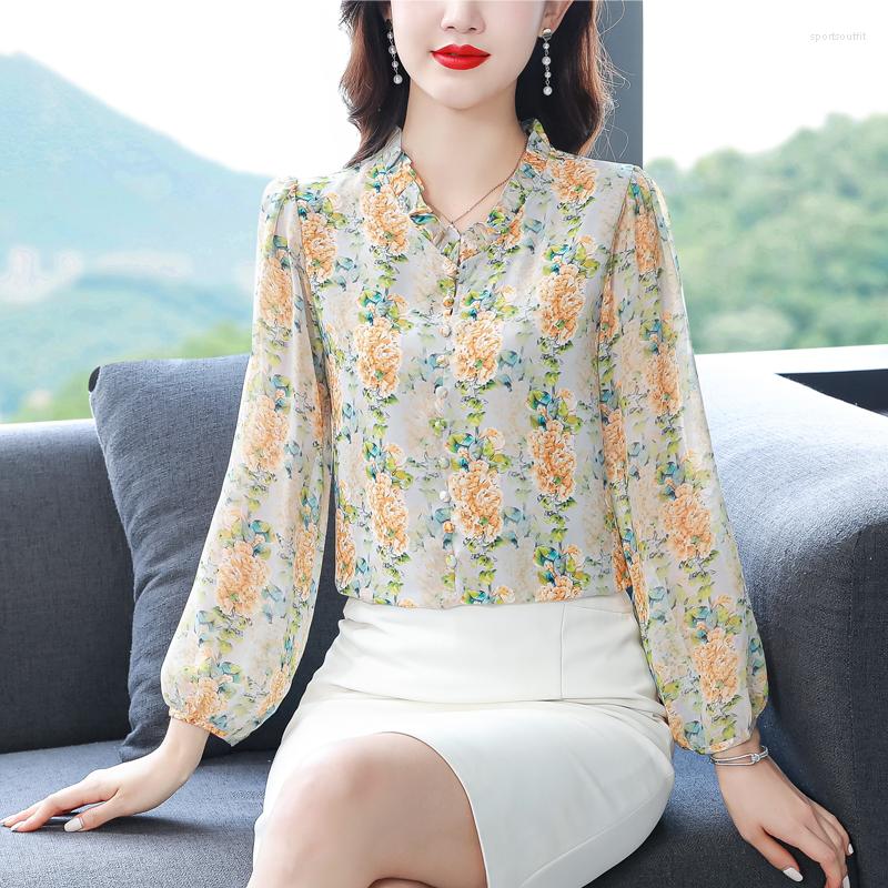 

Women's Blouses Spring Autumn Women Ruffled Neck Long Sleeve Loose Blouse Sweet Floral Chiffon Shirt -3XL, Picture color