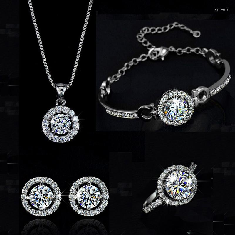 

Necklace Earrings Set Top Quality Exquisite Crystal Women Wedding Earring Bracelets Ring Jewelry Silver Plated Zircon Jewellery For Bride, Picture shown