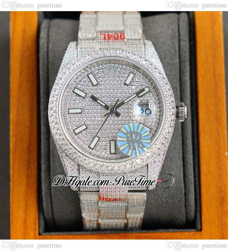 

RF 126333 ETA A2824 Automatic Mens Watch 40mm Diamond Case Diamonds Stick Dial Roman Markers Paved Diamond Fully Iced Out 904L Steel Bracelet Watches Puretime C07b2, Custom warranty card