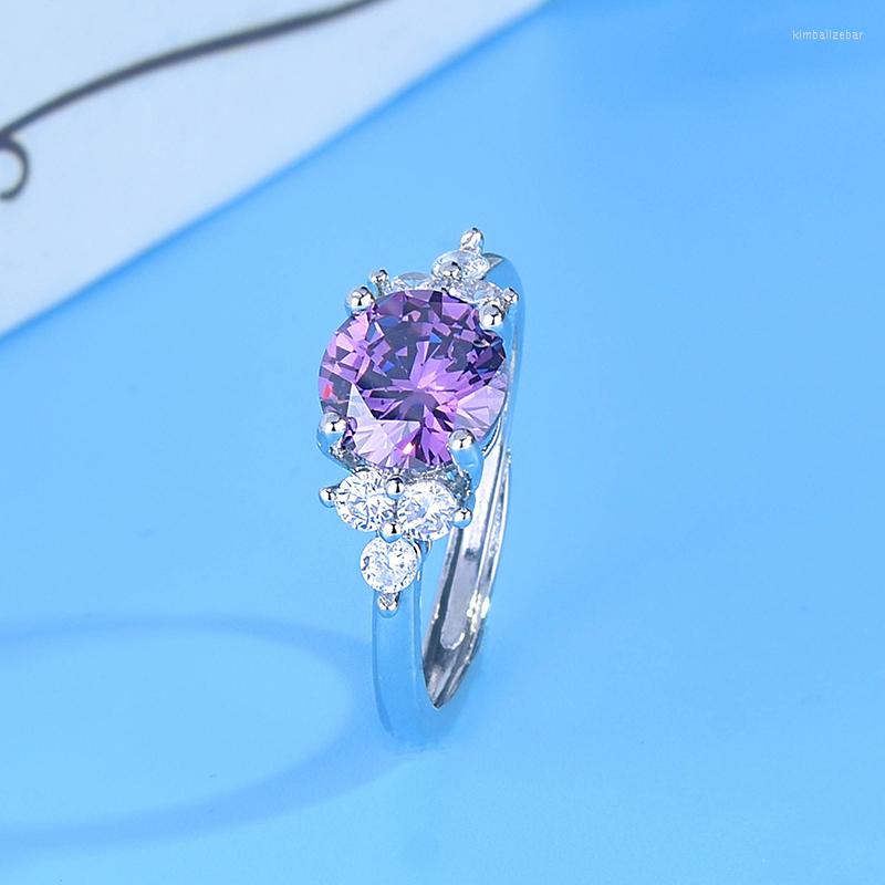 

Wedding Rings Classic Silver Plated 1 Carat Purple Crystal Engagement Open For Women Shine CZ Stone Inlay Fashion Jewelry Band