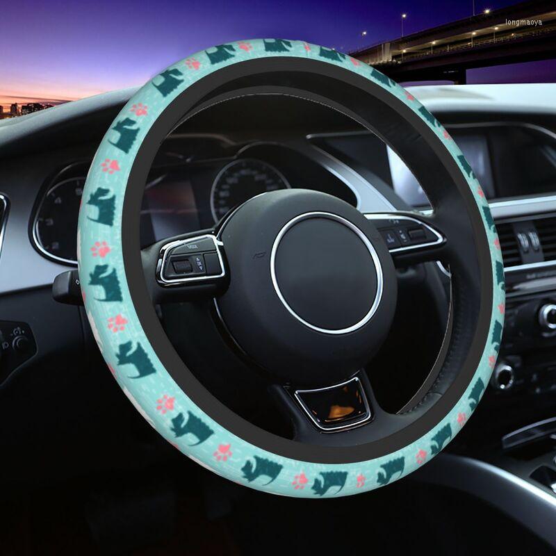 

Steering Wheel Covers Lovely Turquoise Happy Scottie Dog Cover For Girls Soft Scottish Terrier Protector Fit 15 Inch Car