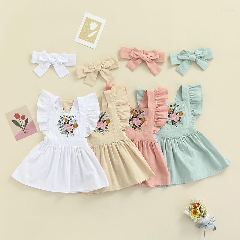 

Girl Dresses Princess 2022 Summer Baby Girls Floral Dress Ruffle Sleeve Cotton Casual Clothes With Headband Toddler Embroidery Outwear, Green