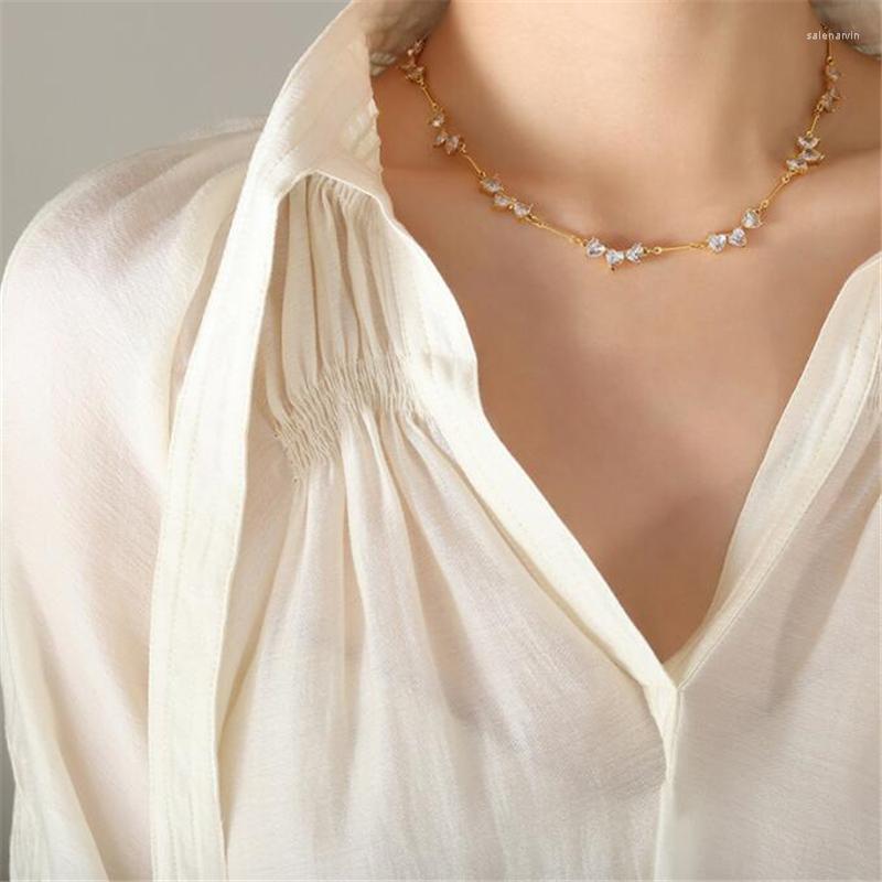 

Chains Trendy Real Gold Plated Color Cz Crystal Heart Necklace For Women Personality Patchwork Clavicle Necklaces Luxury Jewelry