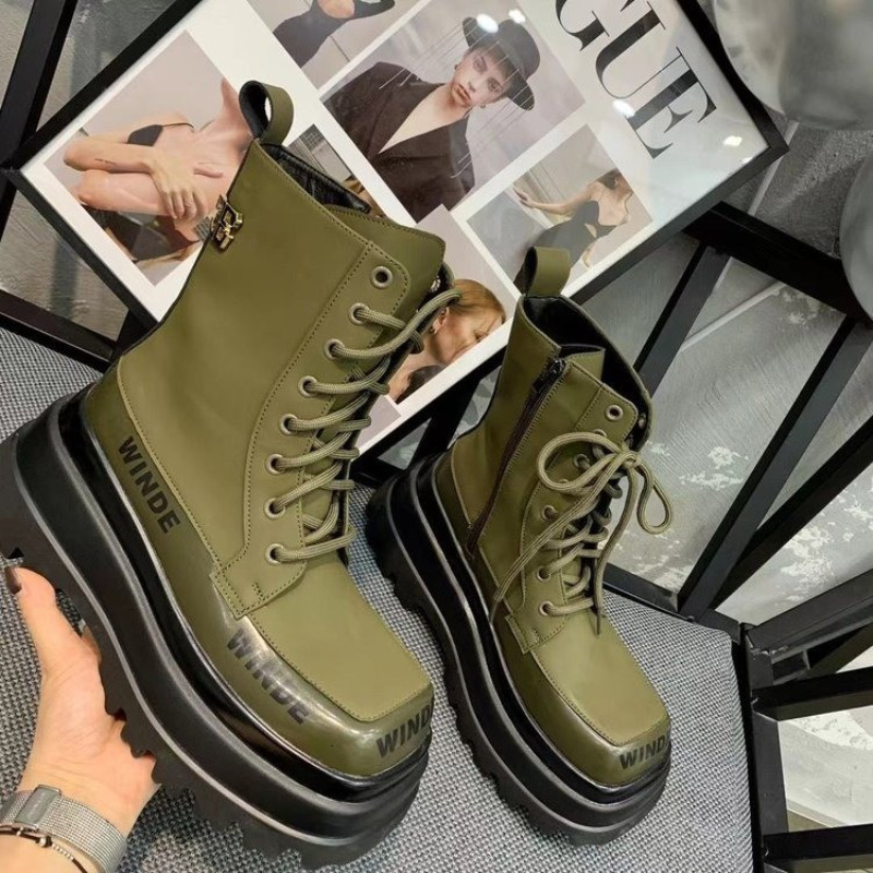 

Boots Women's Ankle Square Head Thick Soled Black Handsome Motorcycle Autumn Winter Shoes 221114