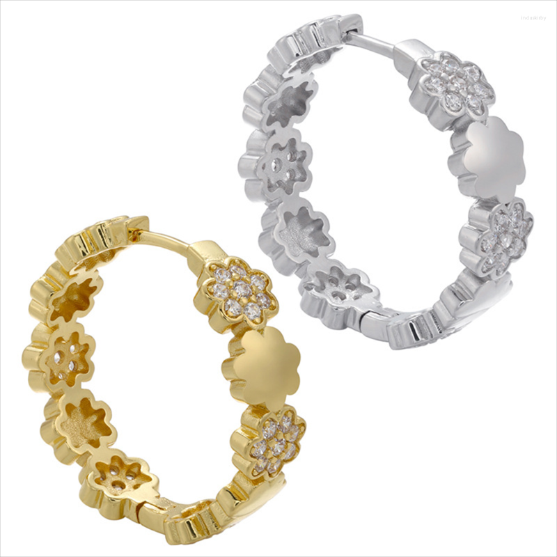 

Hoop Earrings 1 Pair Jewelry For Women Round Brass Gold Sliver Color Perforation Ear Rings Paved Zircon Flower-shape Accessories