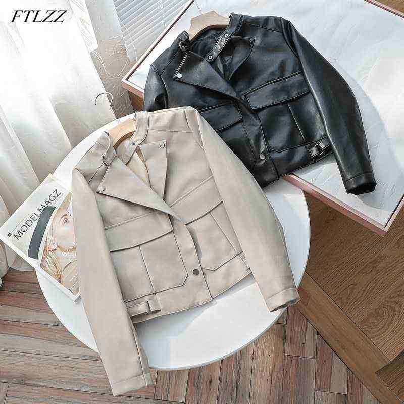 

Ftlzz 2022 Spring Autumn New Women Motorcycle Biker Jacket Slim Single Breasted Lapel Pu Short Jacket Big Pocket Outerwear J220727, Beige