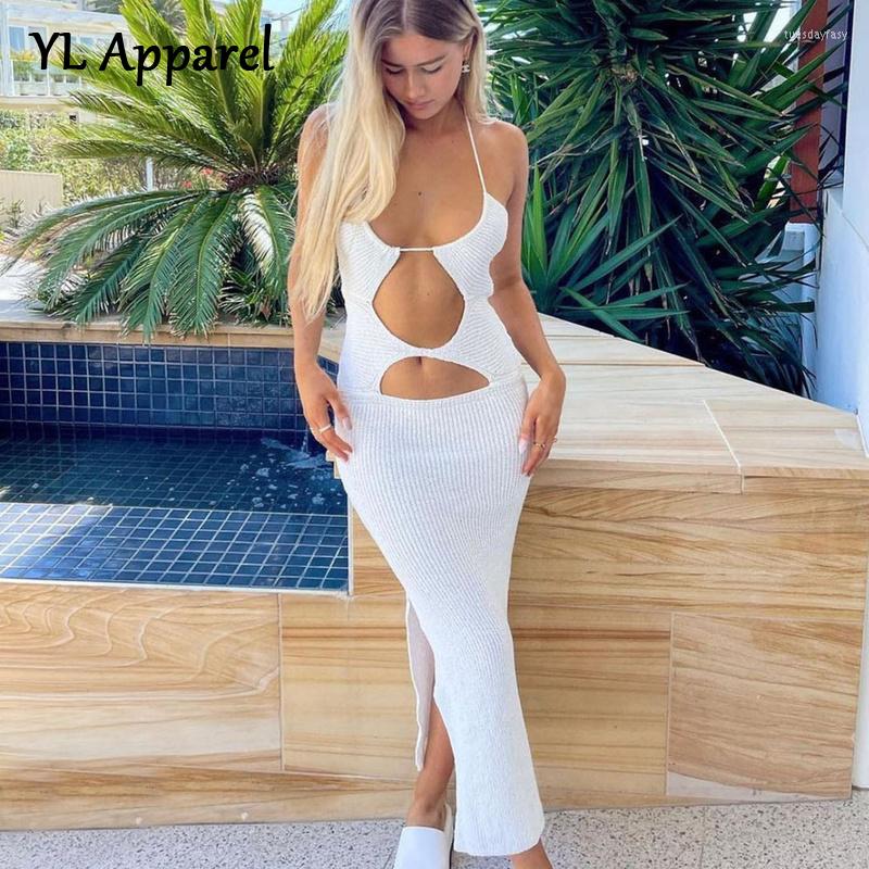 

Casual Dresses Women's Dress Streetwear 2022 Summer Sexy Backless Hollow Out Halter Strapless Split Knitted Bodycon Long Vestidos Black, Rose red