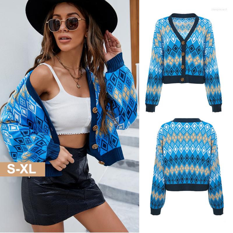 

Women' Knits Womens Cardigans Sweaters Casual Diamond Check Knit Coat Long Sleeve Button Down Crop Tops Knitwear Preppy England Style, Blue