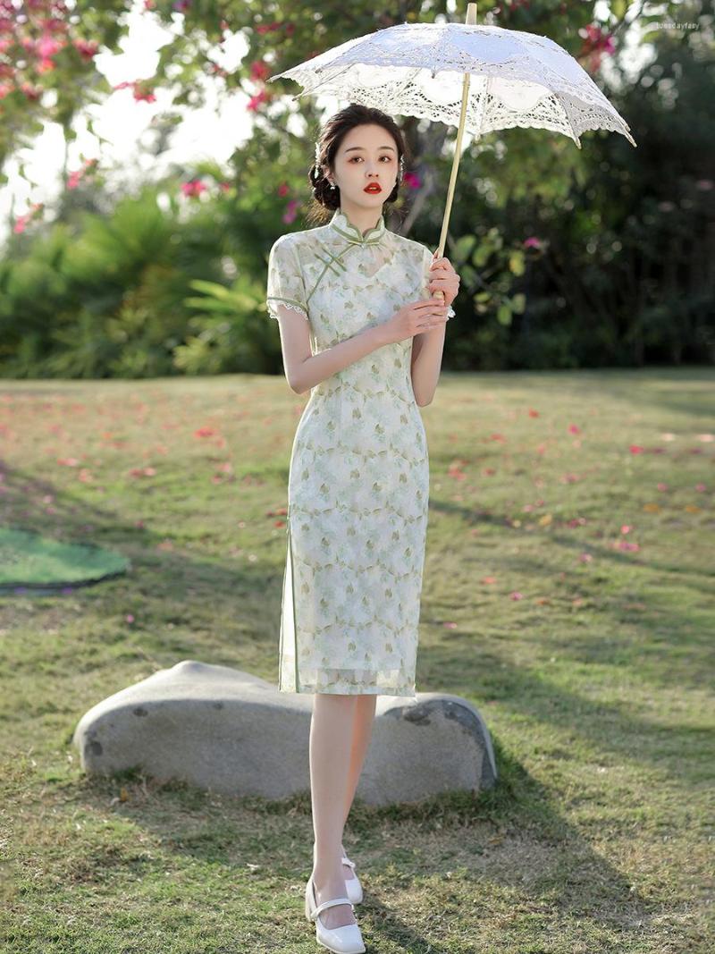 

Ethnic Clothing Elegant Short Sleeves Chiffon Knee-Length Cheongsam Traditional Mandarin Collar Qipao Retro Chinese Women Dress