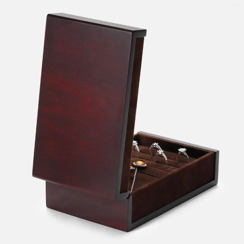 

Jewelry Pouches Double Layer Wood Storage Box For Women 5 Hooks Soft Lining Fashion Organizer Bracelets Studs Necklace Rings