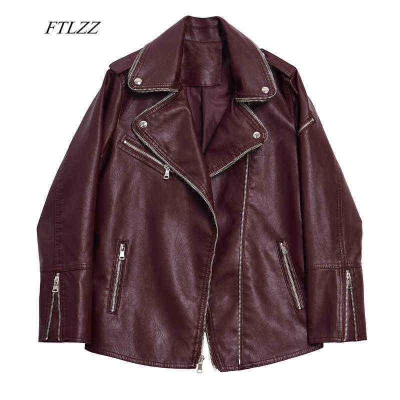 

Ftlzz Faux Soft Leather Loose Jacket Women Autumn Collar Rivet Zipper Black Punk Jacket Female Faux Pu Biker Jackets J220727