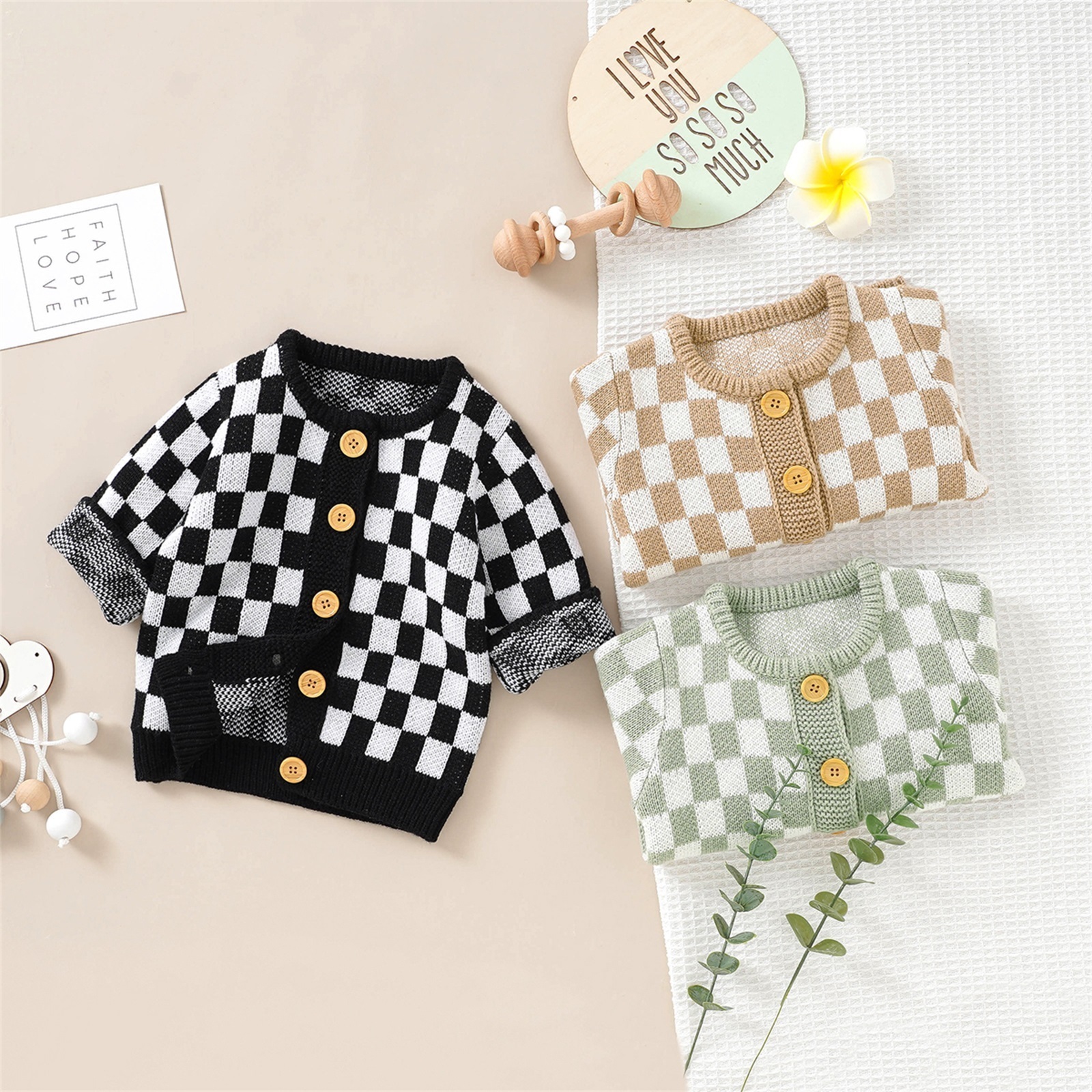 

Pullover Infant Baby Girl Boy Autumn Sweater Checkerboard Pattern Long Sleeve Round Neck ButtonDown Knitwear Cardigan Coat 221114, Camel