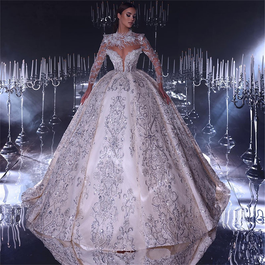 

Haute Couture Princess Wedding Dress Sparkly Beads Long Sleeve Bridal Ball Gowns 3D Appliques Custom Made Robes, White