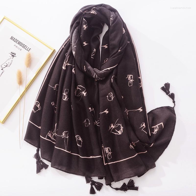 

Scarves 2022 Spring Black Cartoon Printing Fashion All-match Handmade Tassel Decoration Women's Sun Protection Shawl Scarf