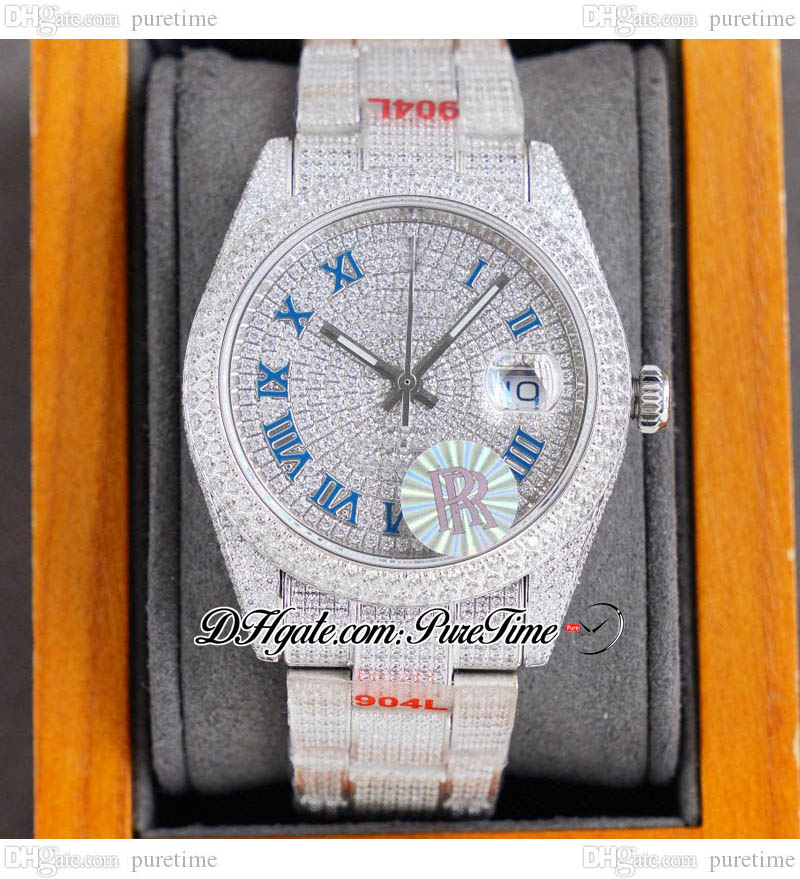 

RF 126333 ETA A2824 Automatic Mens Watch 40mm Diamonds Case Blue Roman Markers Dial Paved Diamond Fully Iced Out 904L Steel Bracelet Watches Puretime C07C3, Custom warranty card