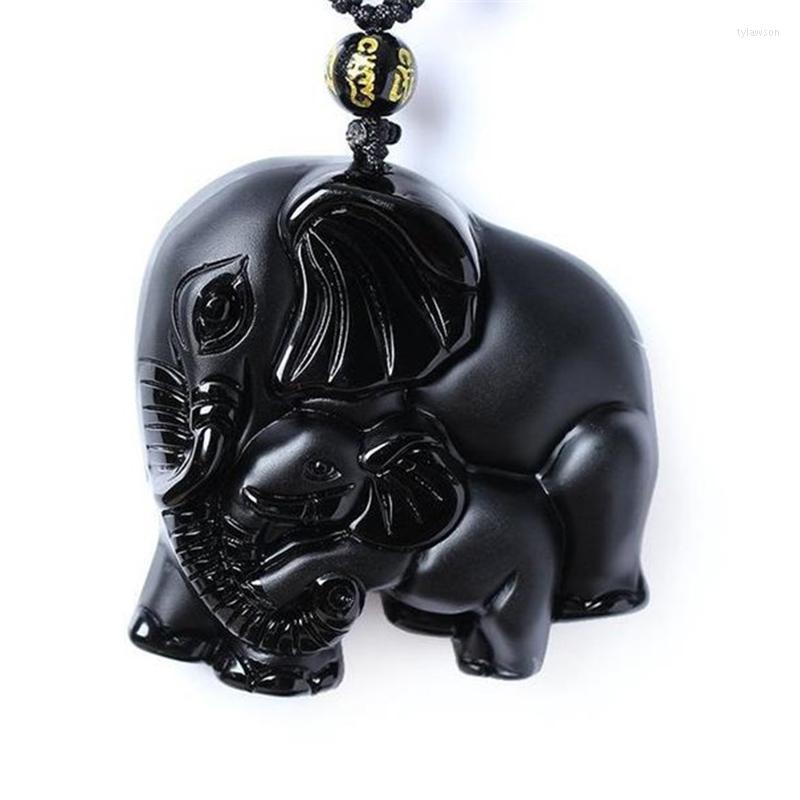 

Pendant Necklaces Chinese Handwork Natural Black Obsidian Carved Mother Baby Cute Elephant Amulet Lucky Necklace Fashion Jewelry
