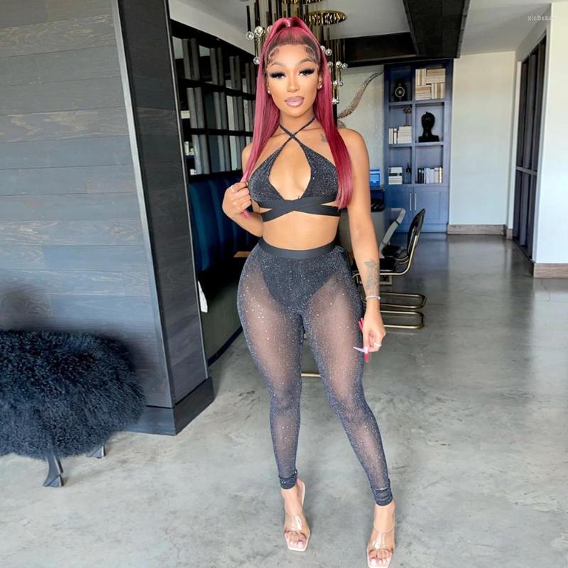 

Women' Two Piece Pants 2022 Fashion Sexy Club Party Style Women Suit Sleeveless V Neck Short Top Elastic Long Lady Pure Color Sets, Black