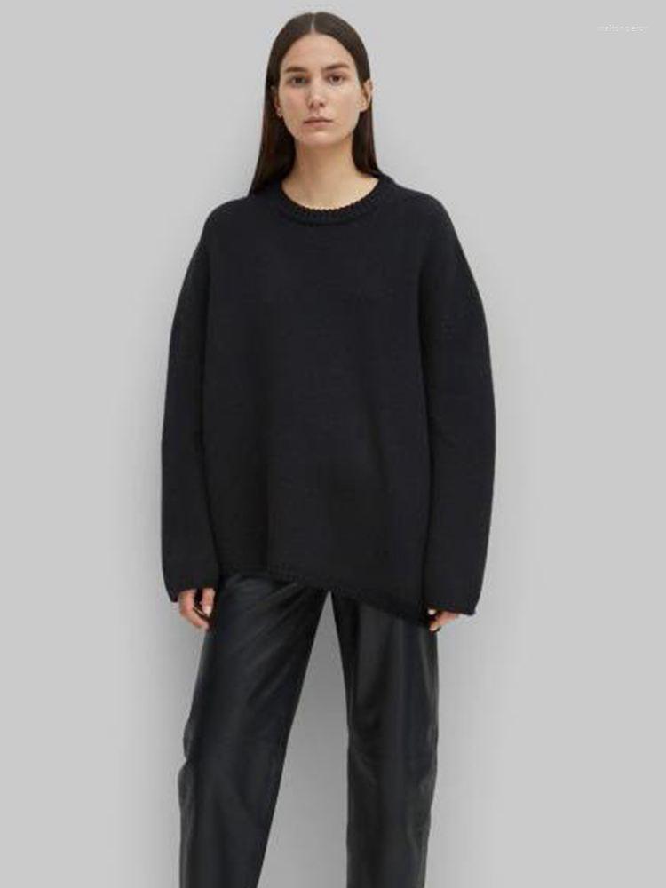 

Women's Sweaters Wide Slanted Sweater Wool Round Neck Irregular Loose Hem, Black