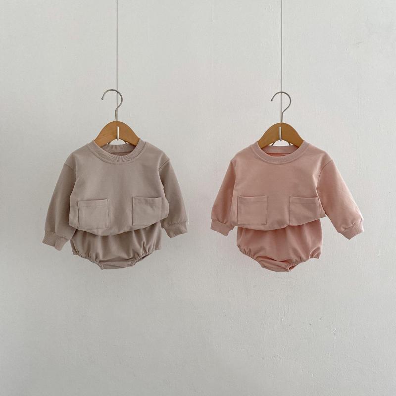 

Clothing Sets 2022 Autumn Baby Boys And Girls Suits Big Pocket Round Neck Long Sleeve Sweatshirt PP Bread Shorts Pants Two-piece Set, Gray