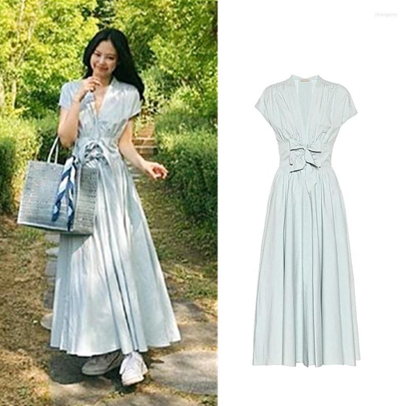 

Party Dresses Kpop Korean Jennie Summer Sweet V-neck Waist Design Lace-up Long Dress Women Fashion Temperament Elegant Short Sleeve