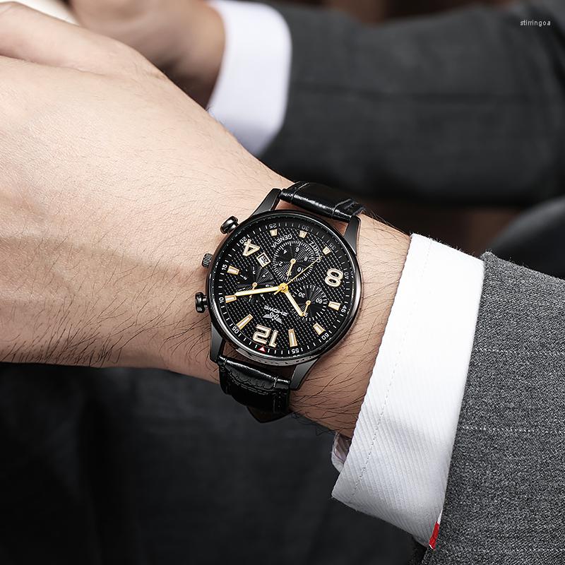 

Wristwatches Arrival Leather Strap Men Watches Casual Fashion Golden Black Watch For Saat Erkek Kol Saati Relogio Masculino Montre, Gold black