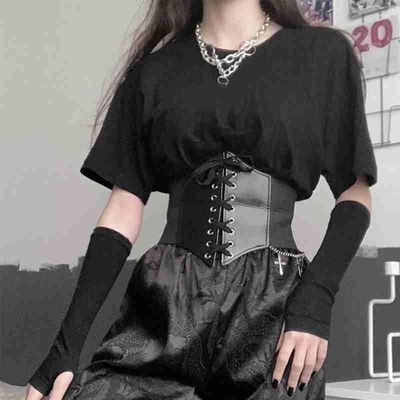 

Belts Gothic Female Waist Corset Belt Wide Imitation Leather Lace Up Adjustable Dress Girdle Women Fashion Slimming Waistband, Black