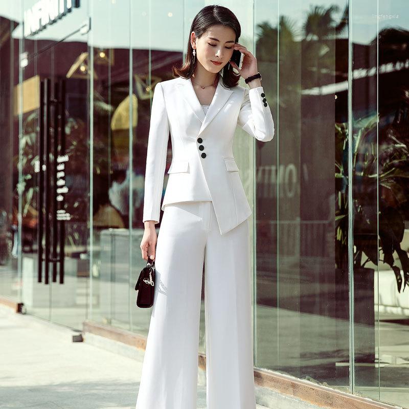 

Women' Two Piece Pants IZICFLY Spring Autumn White Blazer Wide Leg Women Suits Elegant Slim Office Uniform Business With Trouser, White coat and skirt