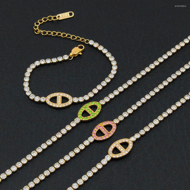 

Chains Pig Nose Tennis Link Chain Necklace For Women Charm Jewelry Set Creative Stainless Steel Row Zircon Choker Bracelet YS145
