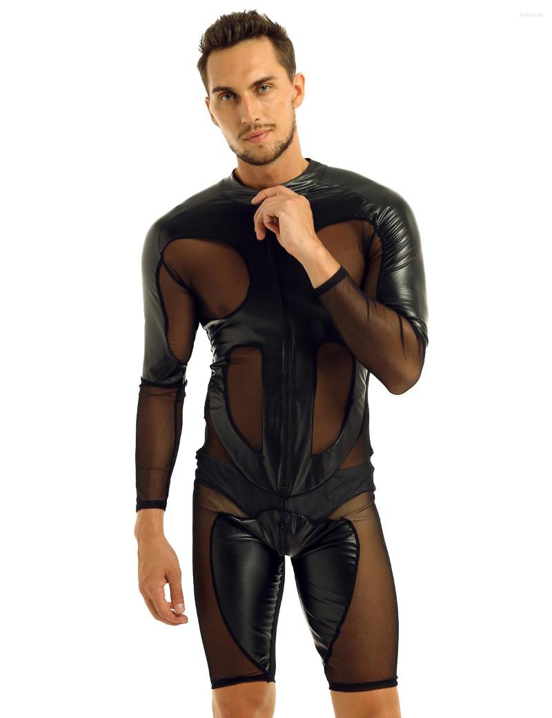 

Men's G Strings Latex Men Wet Look Catsuit Leather Mesh Splice Jumpsuits Black Tight PVC Bodysuit Sexy Clubwear Lingerie Fetish Body Suit