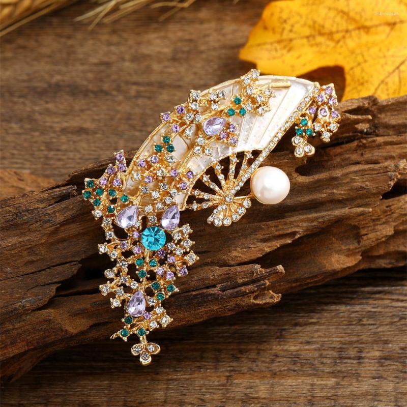 

Brooches Muylinda Freshwater Pearls Fans For Women Lady Big Shining Rhinestone Flower Fan Brooch Enamel Pin Gifts