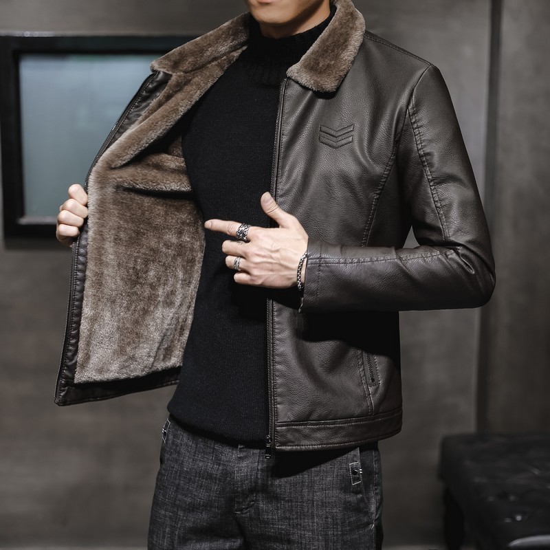 

Men's Fur Faux Fur Plush Thickened Leather Clothing Middleaged and Elderly Lapel Zipper Cardigan Casual Men Clothing Men Leather Jacket 221114, Coffee