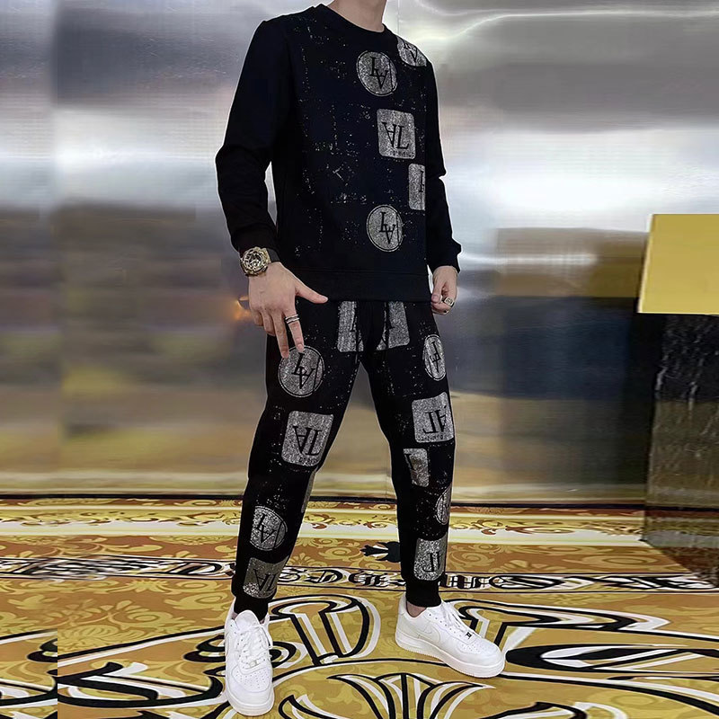 

Men's Tracksuits Letter Print Rhinestones Men Set Street Pullover Casual Sweatshirt Drill 2 Pcs Set Tracksuit Jogger Pant Suit Streetwear 221114, Black
