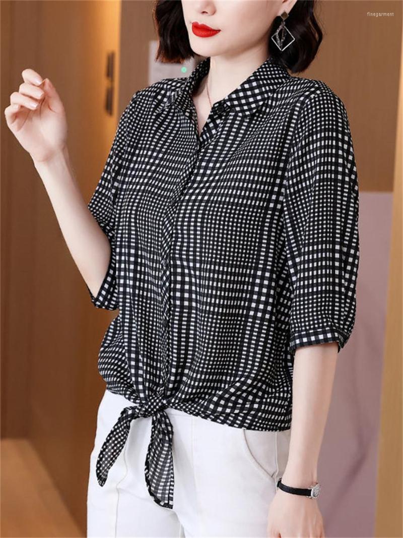 

Women's Blouses 4XL Women Spring Summer Shirts Lady Fashion Casual Half Sleeve Turn-down Lattice Stripe Printing Blusas Tops2200, Black
