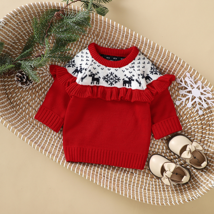 

Pullover Christmas Fashion Baby Boy Girls Warm Knittedwear Clothes Ruffles Long Sleeve Oneck Knitted Sweaters Tops Years Costume 221114, Red