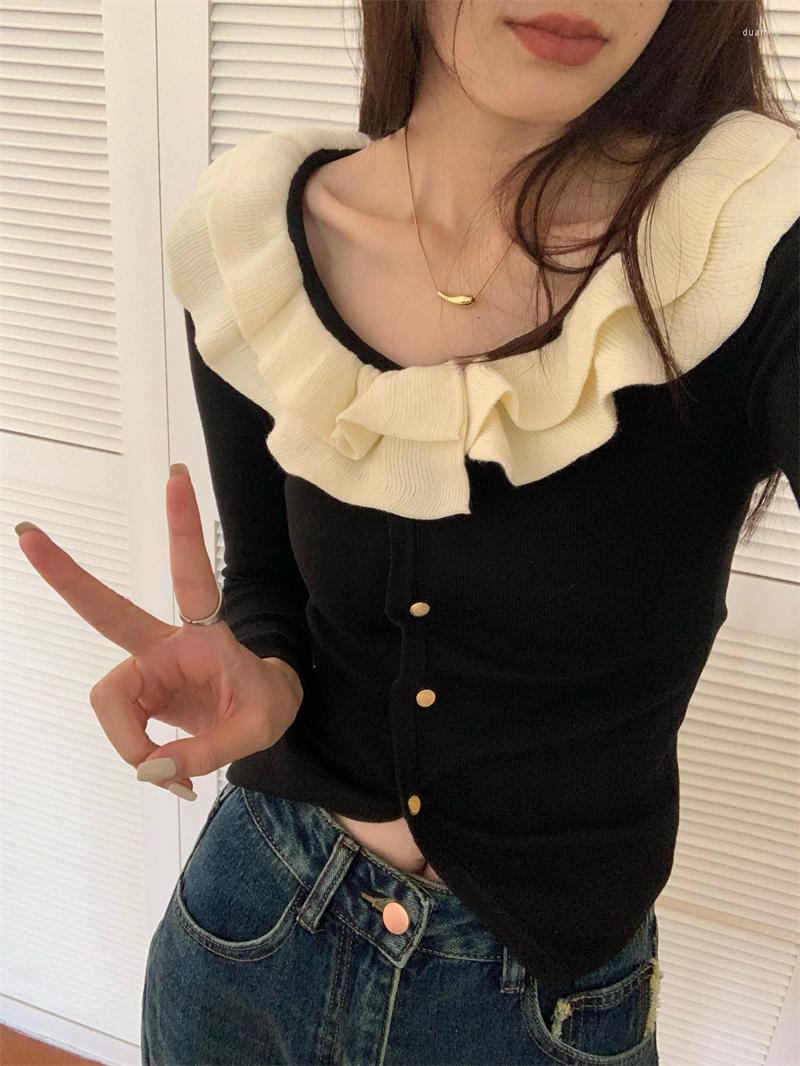 

Women's T Shirts GBB1250 Autumn And Winter Korean Version 2022 Girls Fashion Slim Short Ruffle Color Contrast Stripe Long Sleeve Sweater, Black