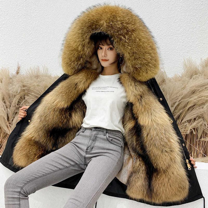 

Women's Fur HANZANGL Women Coat 2022 Winter Style Overcoming Mid-length Detachable Raccoon Liner Parkas 10 Color -7XL