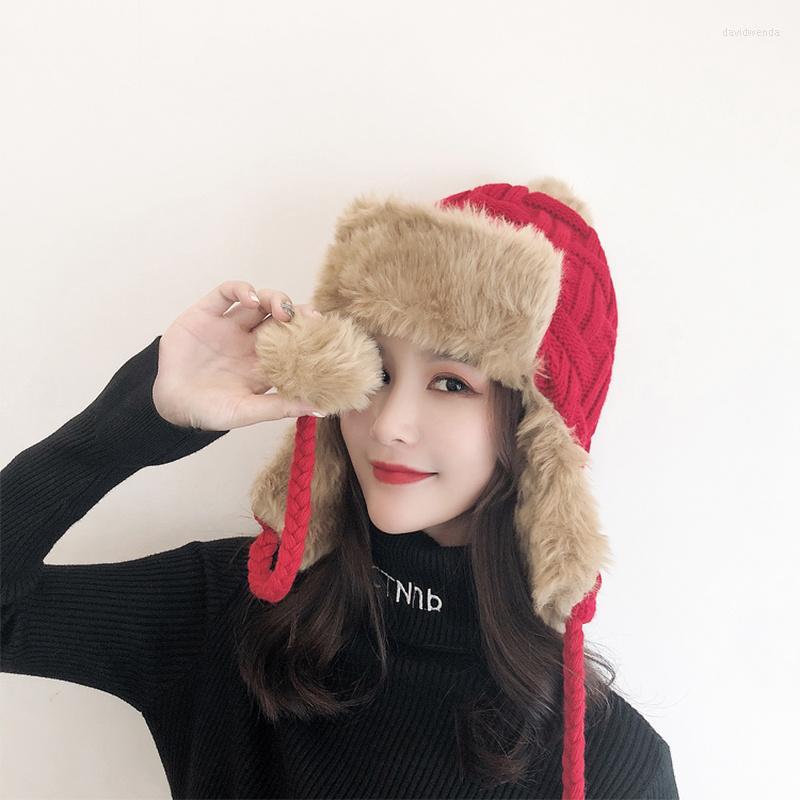 

Berets H7724 Women Bomber Hat Female Winter Plus Velvet Warm Thermal Hair Ball Cap Korean Ear Protection Thick Wind-proof Knitted Hats, White