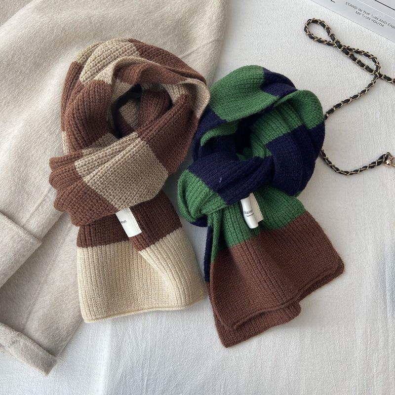 

Scarves Preppy Style Striped Scarf Women's Autumn And Winter Korean Wool All-Matching Warm Student Knitted Bib Shawl Ins