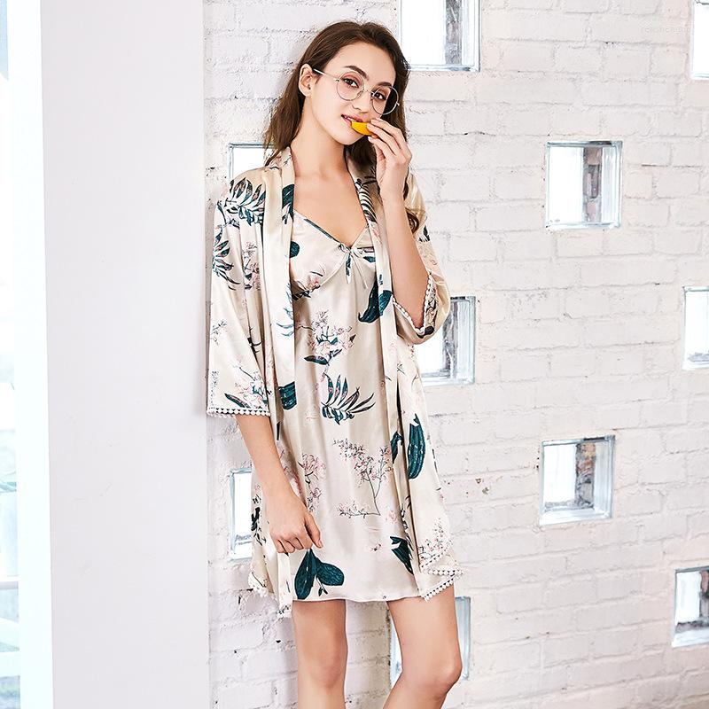 

Women's Sleepwear Spring Summer Condole Belt Half Sleeve Outer Robe Two-piece Gown Sets Skin-friendly Imitation Silk Printing Home Pajamas, Beige