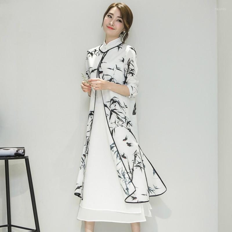 

Ethnic Clothing 2022 Women's Satin Cheongsam Evening Dress Chinese Oriental Qipao Dresses Traditional Ink Painting Retro