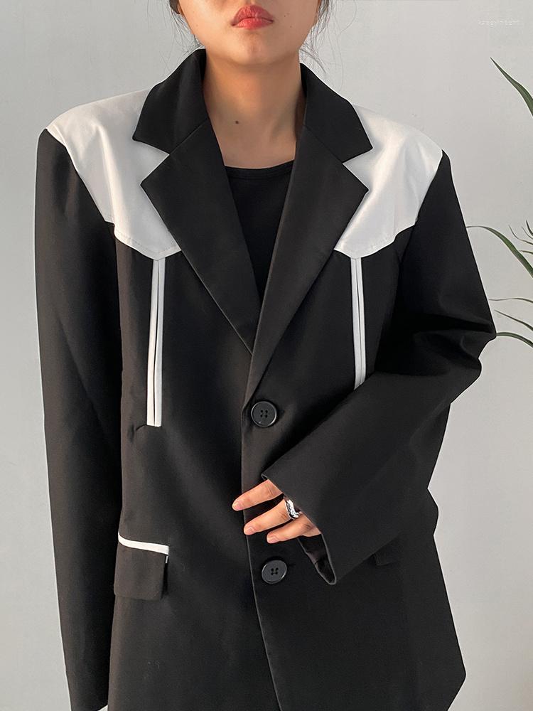 

Women's Suits Women Black Color-block Big Size Blazer Lapel Long Sleeve Loose Fit Jacket Fashion Tide Spring Autumn 2022 C634