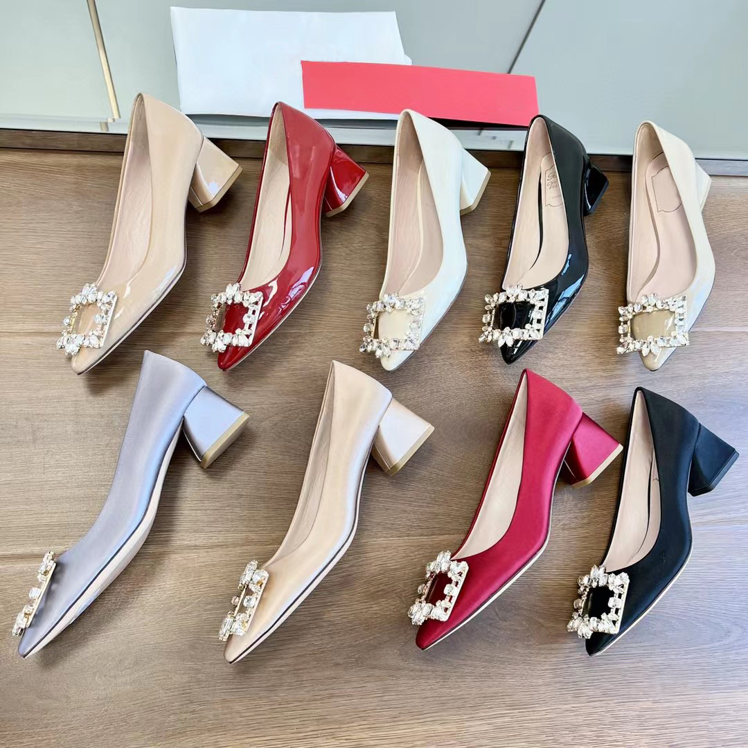 

latest fashion Thick heeled boat shoes Rhinestone square buckle shoes women's 5cm Luxury Satin crystal metal decorative ma'am sandals designer Dress Shoes, Red+satin