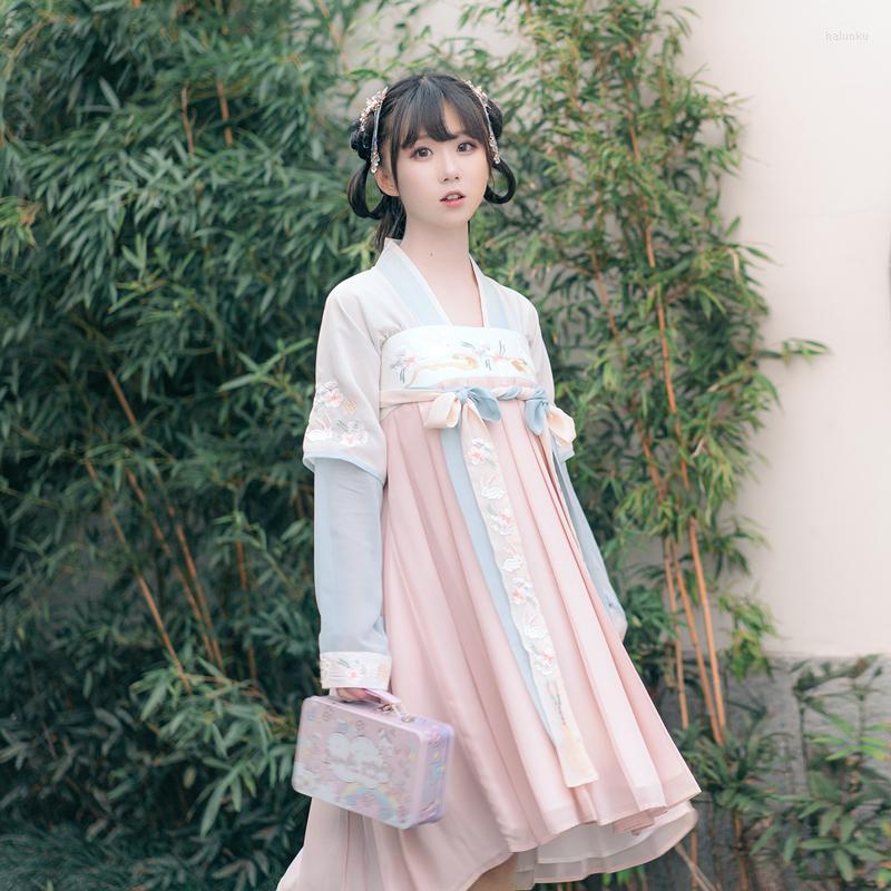 

Stage Wear Hanfu Female Chinese Style Embroidery Chest Skirt Costume Fresh And Elegant Princess Dress Women, Blue short paragraph