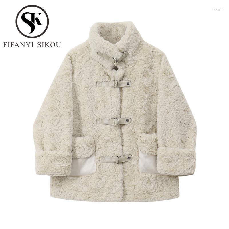 

Women' Fur Faux Lamb Jacket Women Winter Thick Warm Overcoat Pocket Fashion Loose Short Plush Coat High Quality Female, Apricot