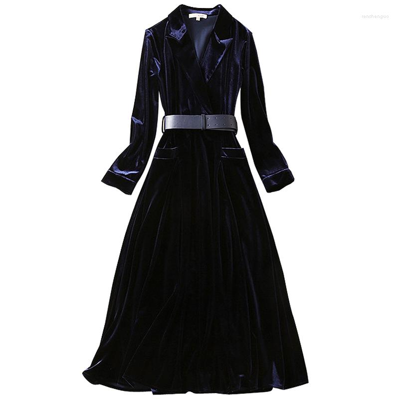 

Women' Trench Coats European Station Spring And Autumn Fashion Temperament Suit Lapel Long Sleeve Waist Thin Coat Jacket Wild Velvet Dress, Blue